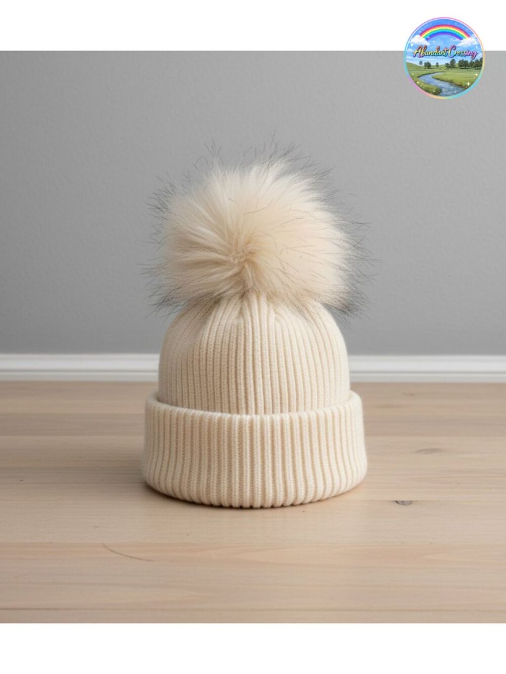 Women's Ribbed Cuffed Beanie Skull Cap with Genuine Raccoon Fur Pom